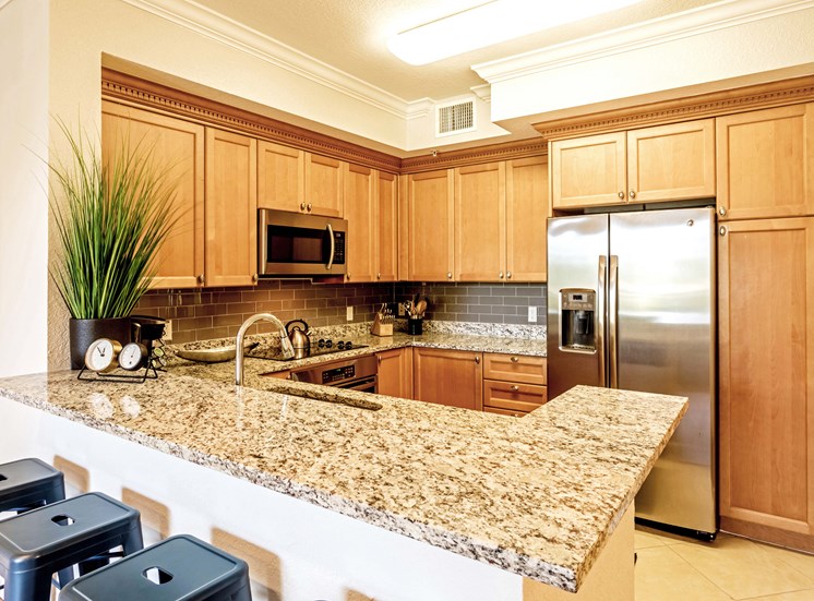 Vizcaya Lakes apartments chef style kitchens with stainless steel appliances and granite countertops.